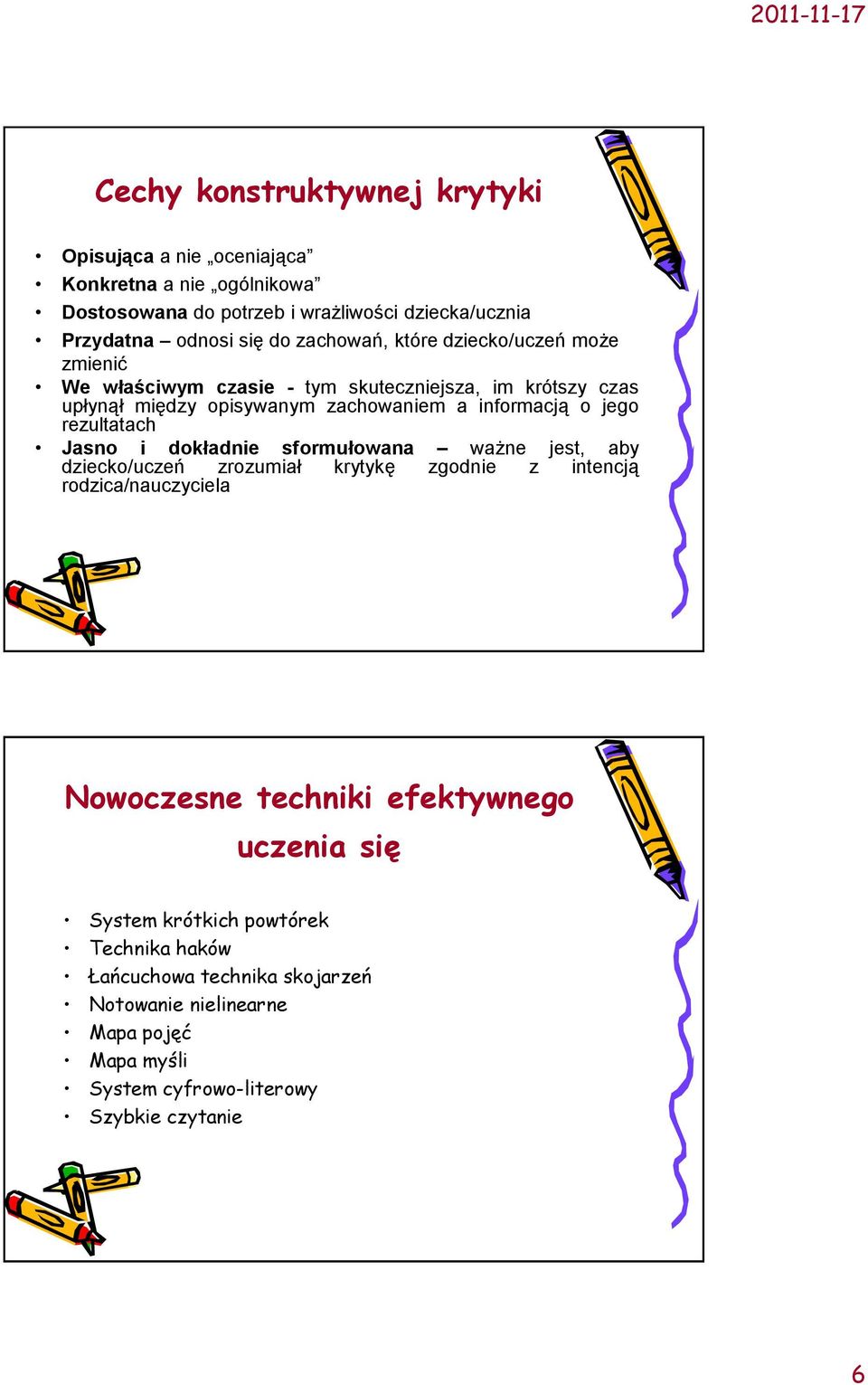 rezultatach Jasno i dokładnie sformułowana ważne jest, aby dziecko/uczeń zrozumiał krytykę zgodnie z intencją rodzica/nauczyciela Nowoczesne techniki efektywnego