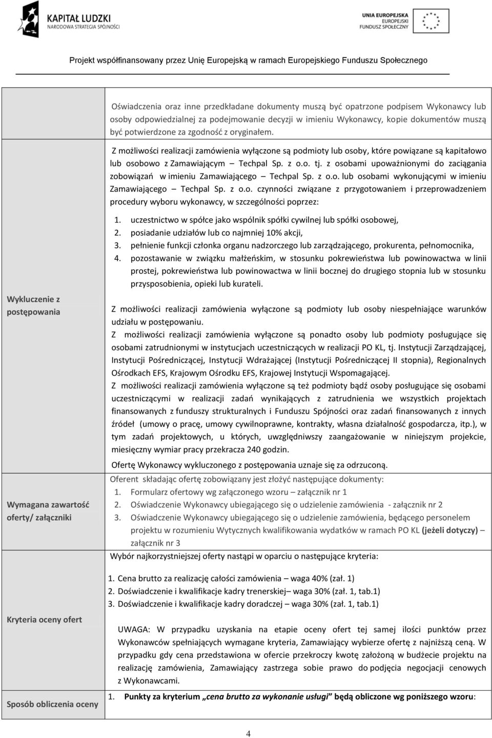 z osobami upoważnionymi do zaciągania zobowiązań w imieniu Zamawiającego Techpal Sp. z o.o. lub osobami wykonującymi w imieniu Zamawiającego Techpal Sp. z o.o. czynności związane z przygotowaniem i przeprowadzeniem procedury wyboru wykonawcy, w szczególności poprzez: 1.