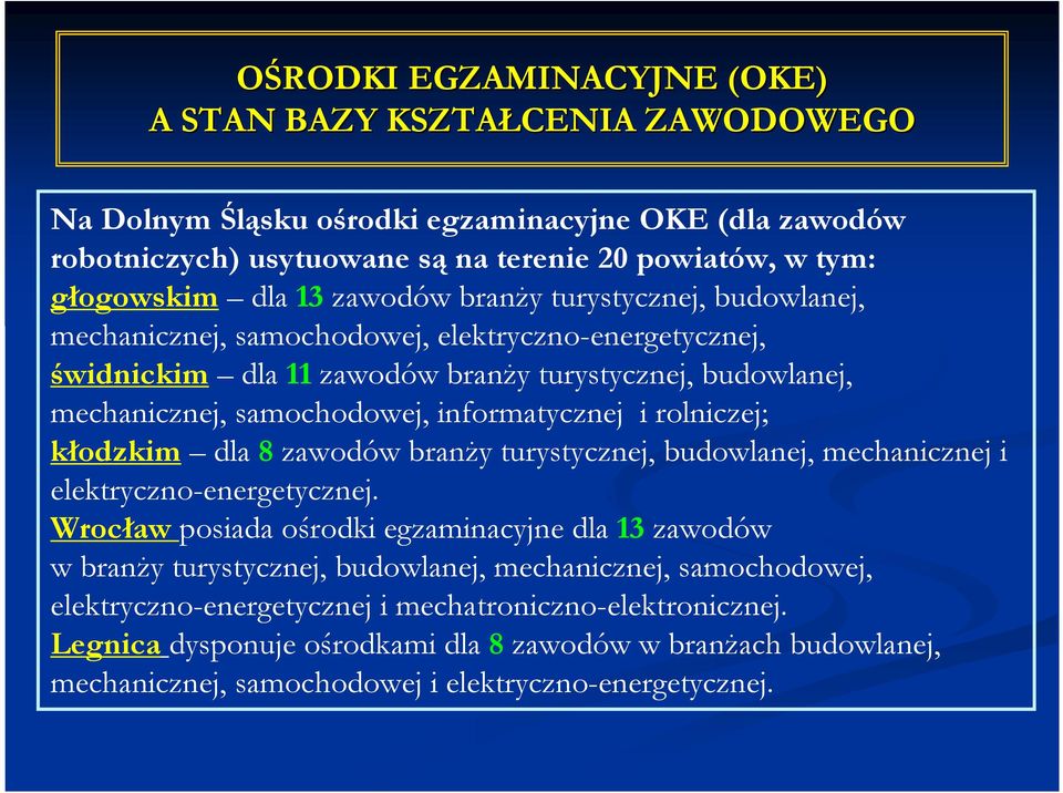 rolniczej; kłodzkim dla 8 zawodów branŝy turystycznej, budowlanej, mechanicznej i elektryczno-energetycznej.