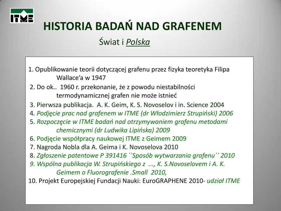 Podjęcie prac nad grafenem w ITME (dr Włodzimierz Strupiński) 2006 5. Rozpoczęcie w ITME badań nad otrzymywaniem grafenu metodami chemicznymi (dr Ludwika Lipińska) 2009 6.