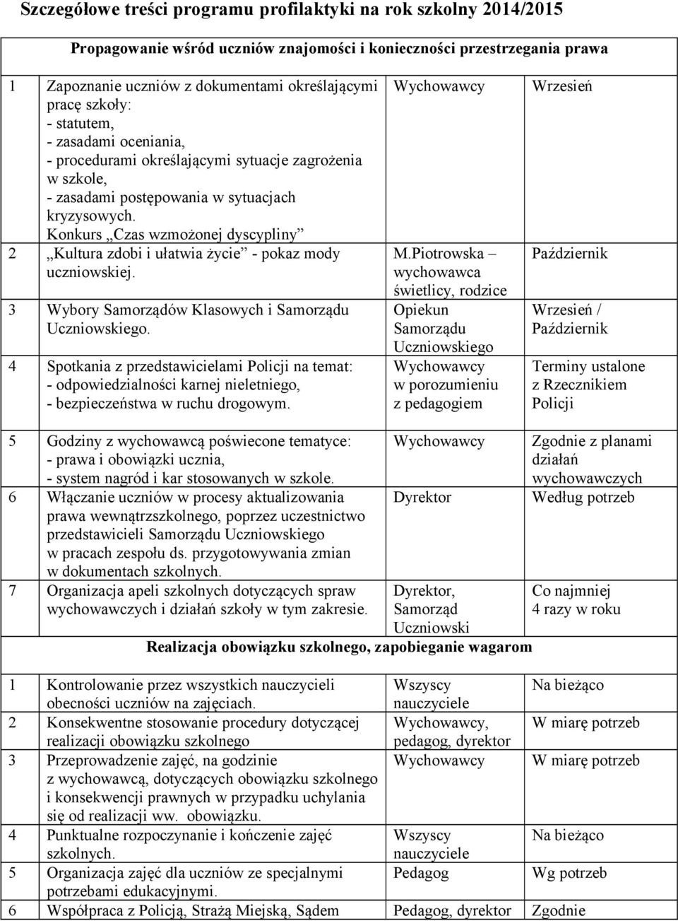 Konkurs Czas wzmożonej dyscypliny 2 Kultura zdobi i ułatwia życie - pokaz mody uczniowskiej. 3 Wybory Samorządów Klasowych i Samorządu Uczniowskiego.