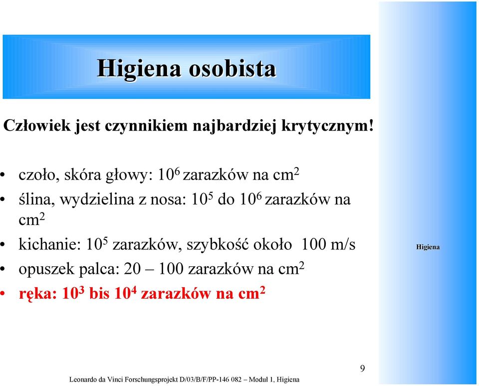 5 do 10 6 zarazków na cm 2 kichanie: 10 5 zarazków, szybkość około 100