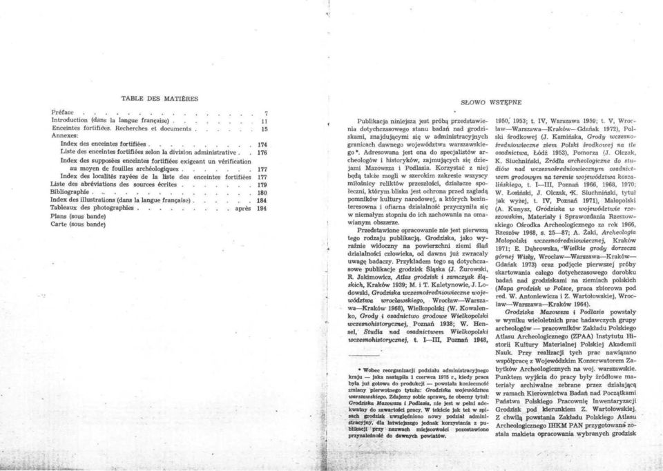 .176 Index des supposees enceintes fortifiees exigeant un verification au moyen de fouilles archeologiąues 177 Index des localites rayees de la listę des enceintes fortifiees 177 Listę des