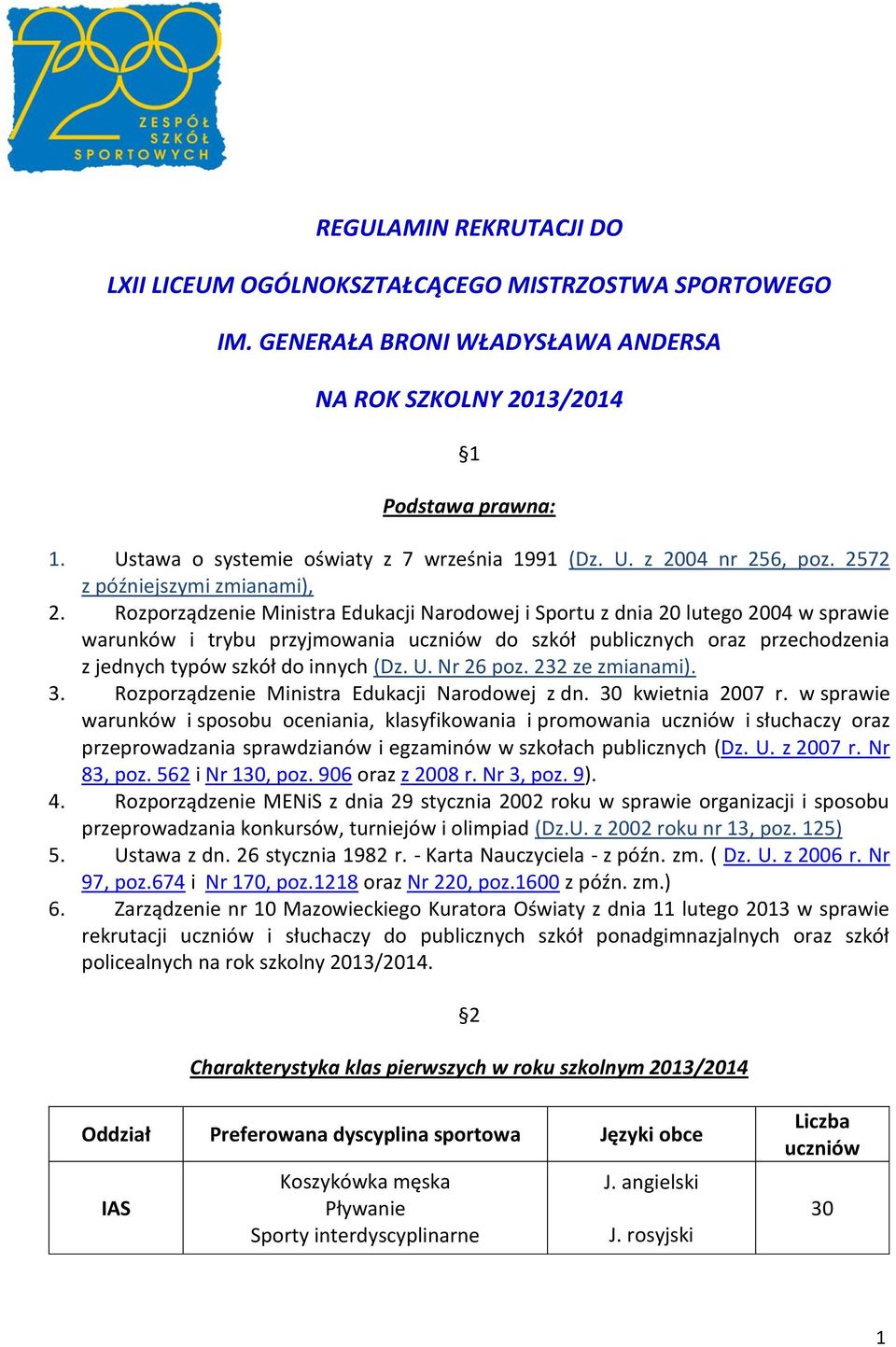 Rozporządzenie Ministra Edukacji Narodowej i Sportu z dnia 20 lutego 2004 w sprawie warunków i trybu przyjmowania uczniów do szkół publicznych oraz przechodzenia z jednych typów szkół do innych (Dz.