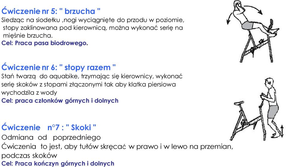 Ćwiczenie nr 6: " stopy razem " Stań twarzą do aquabike, trzymając się kierownicy, wykonać serię skoków z stopami złączonymi tak aby klatka