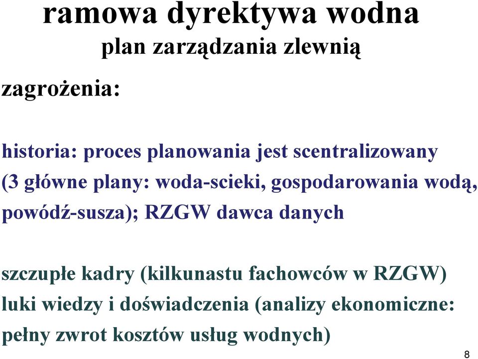 wodą, powódź-susza); RZGW dawca danych szczupłe kadry (kilkunastu fachowców w