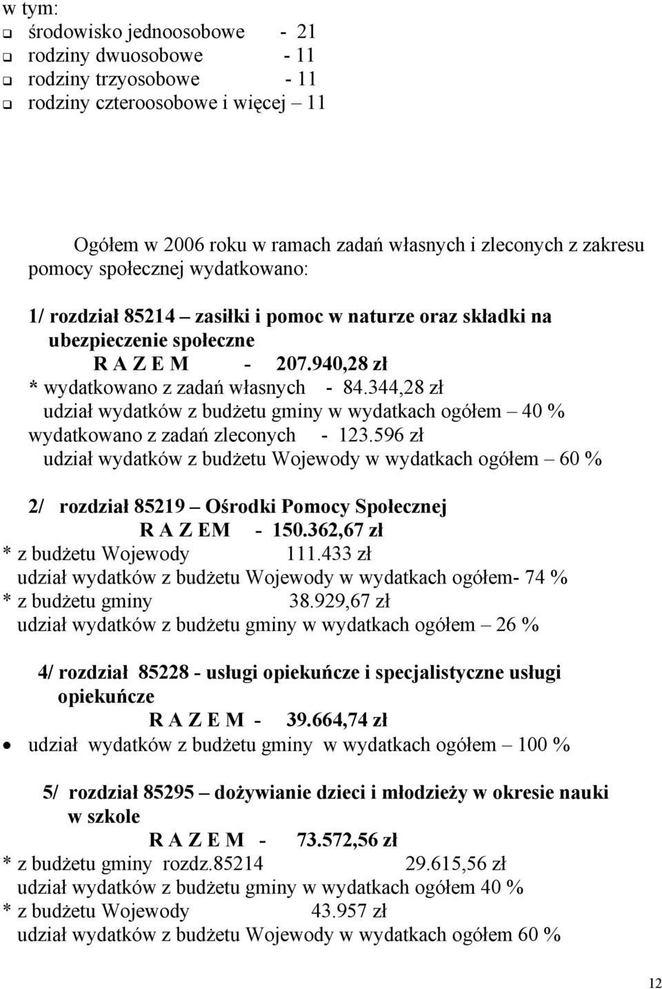 344,28 zł udział wydatków z budżetu gminy w wydatkach ogółem 40 % wydatkowano z zadań zleconych - 123.