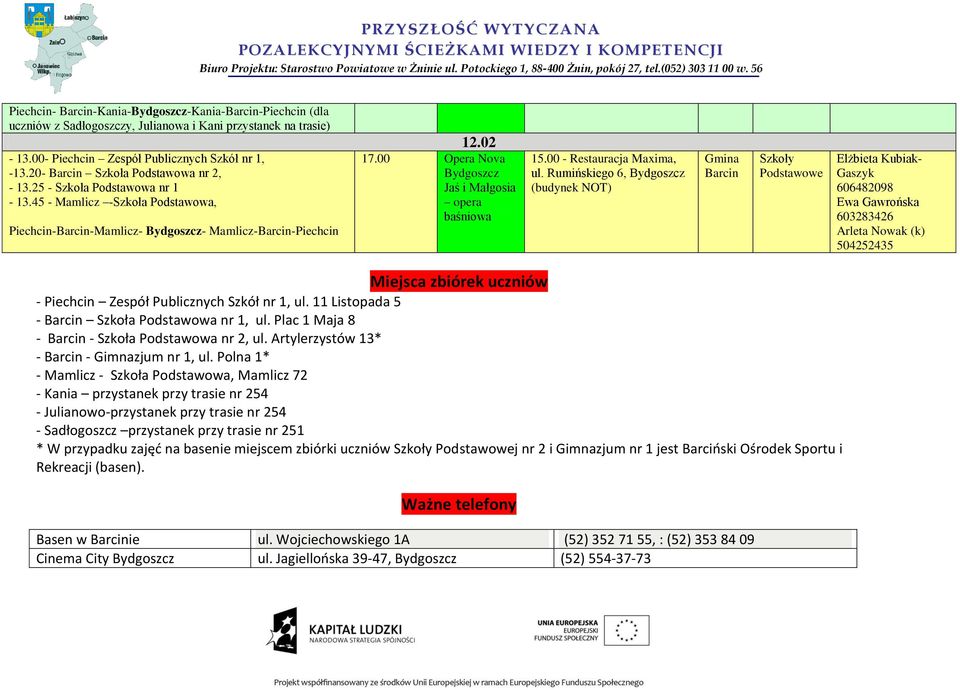 Rumińskiego 6, Miejsca zbiórek uczniów - Piechcin Zespół Publicznych Szkół nr 1, ul. 11 Listopada 5 - Szkoła Podstawowa nr 1, ul. Plac 1 Maja 8 - - Szkoła Podstawowa nr 2, ul.