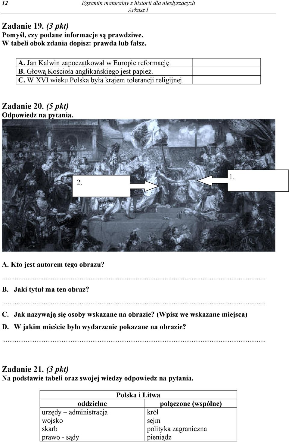 A. Kto jest autorem tego obrazu?... B. Jaki tytuł ma ten obraz?... C. Jak nazywają się osoby wskazane na obrazie? (Wpisz we wskazane miejsca) D.