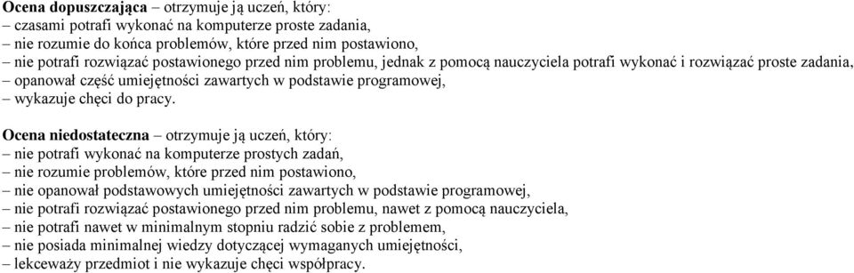 Ocena niedostateczna otrzymuje ją uczeń, który: nie potrafi wykonać na komputerze prostych zadań, nie rozumie problemów, które przed nim postawiono, nie opanował podstawowych umiejętności zawartych w