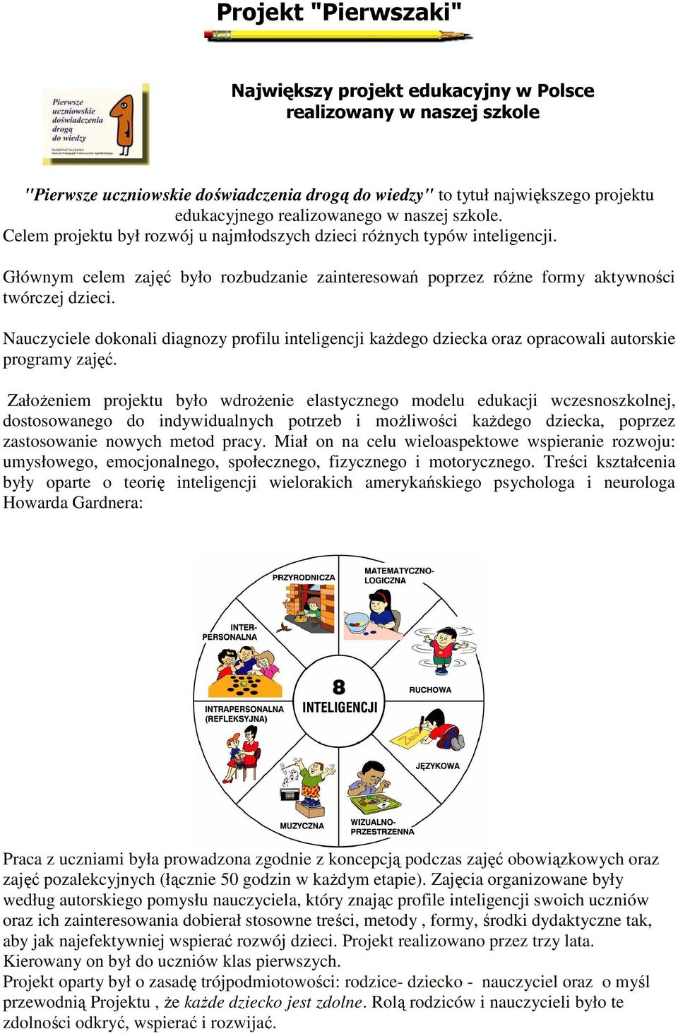 Nauczyciele dokonali diagnozy profilu inteligencji kaŝdego dziecka oraz opracowali autorskie programy zajęć.