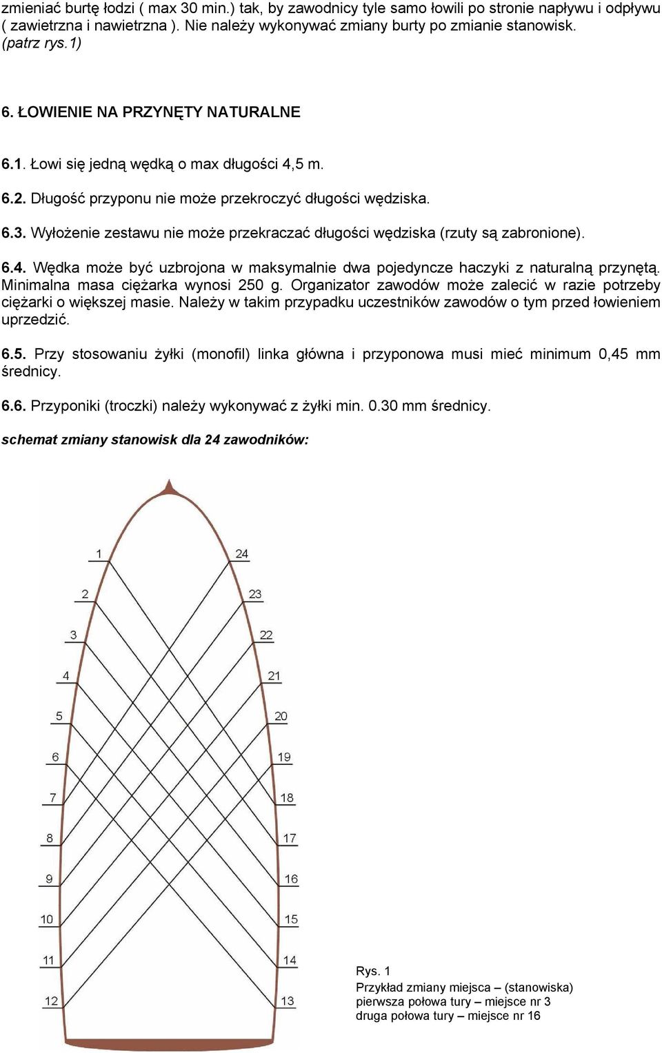 Wyłożenie zestawu nie może przekraczać długości wędziska (rzuty są zabronione). 6.4. Wędka może być uzbrojona w maksymalnie dwa pojedyncze haczyki z naturalną przynętą.