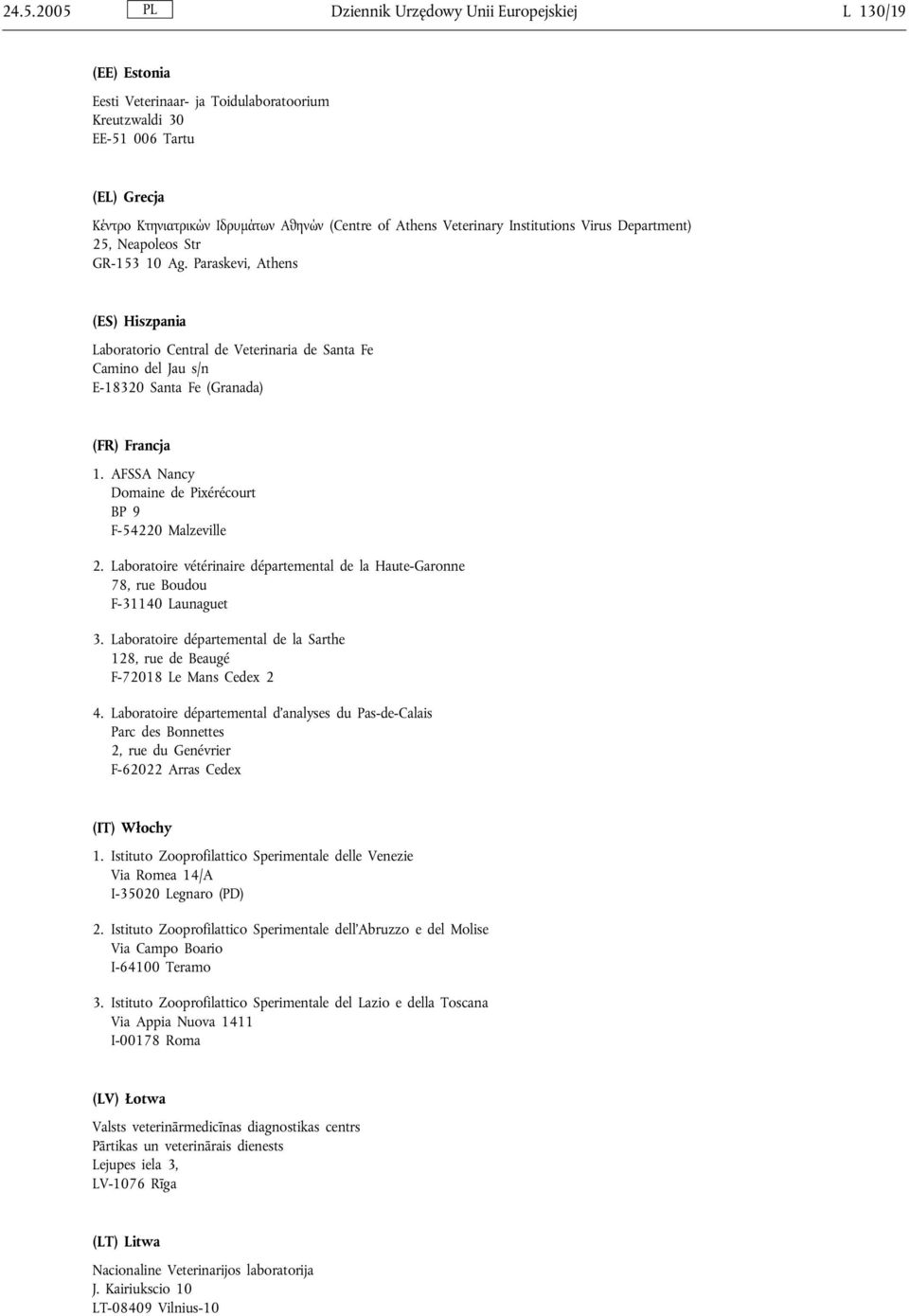 Paraskevi, Athens (ES) Hiszpania Laboratorio Central de Veterinaria de Santa Fe Camino del Jau s/n E-18320 Santa Fe (Granada) (FR) Francja 1.