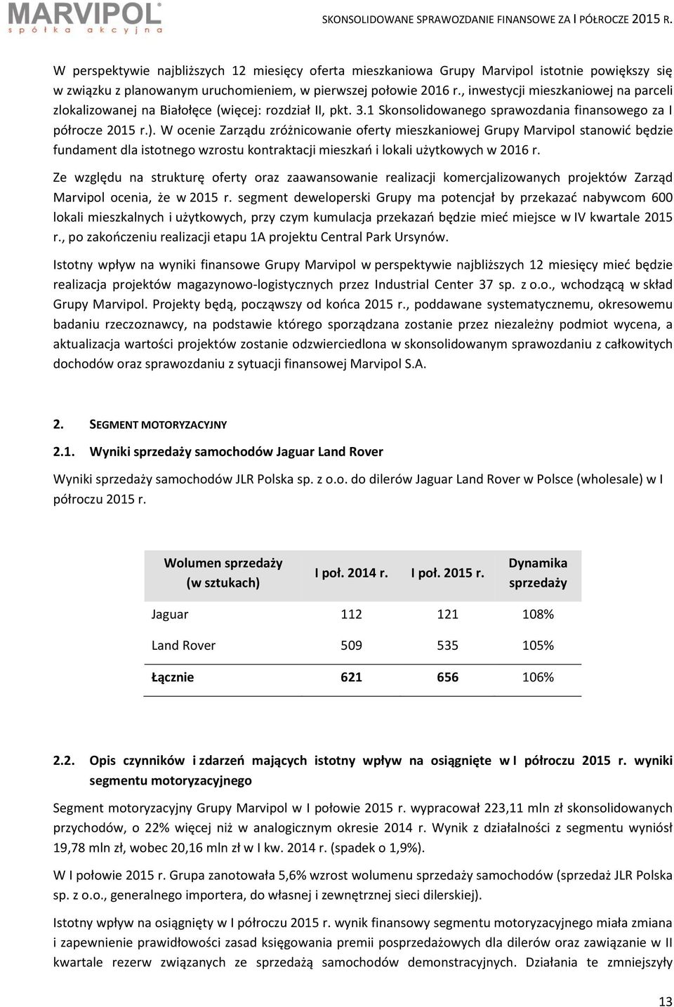 , inwestycji mieszkaniowej na parceli zlokalizowanej na Białołęce (więcej: rozdział II, pkt. 3.1 Skonsolidowanego sprawozdania finansowego za I półrocze 2015 r.).