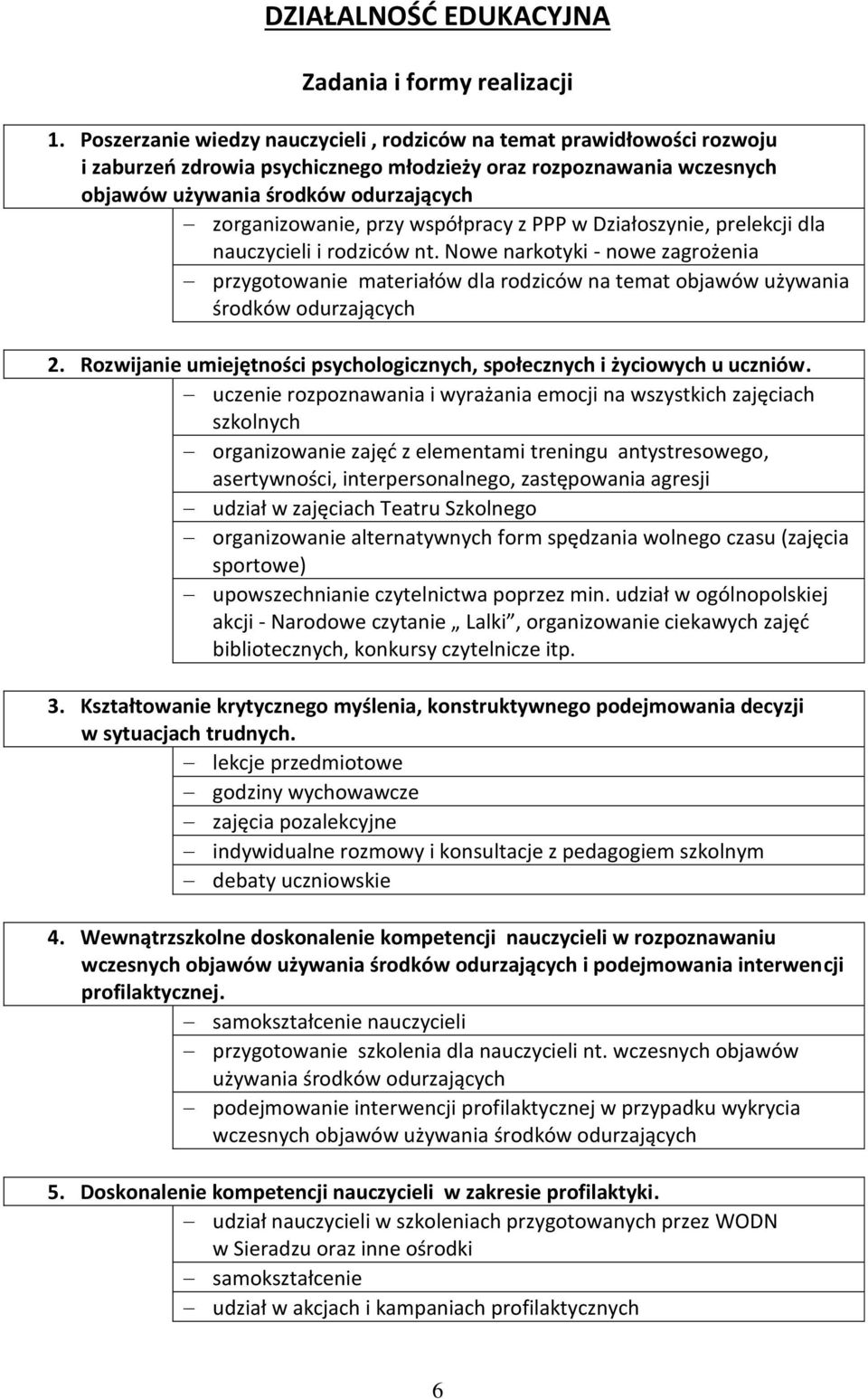 przy współpracy z PPP w Działoszynie, prelekcji dla nauczycieli i rodziców nt. Nowe narkotyki - nowe zagrożenia przygotowanie materiałów dla rodziców na temat objawów używania środków odurzających 2.