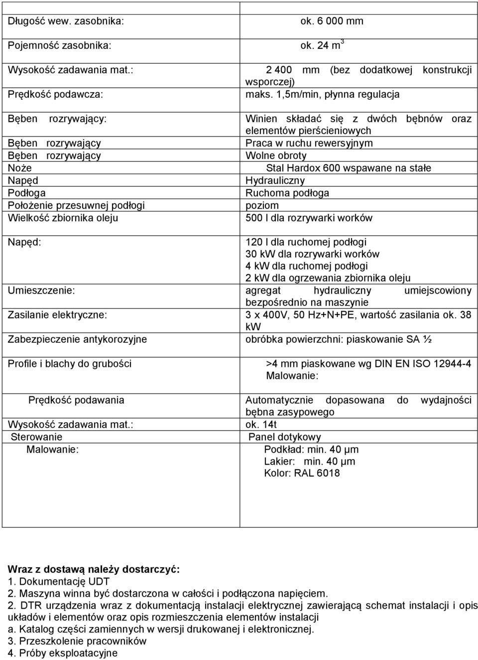 Hardox 600 wspawane na stałe Napęd Hydrauliczny Podłoga Ruchoma podłoga Położenie przesuwnej podłogi poziom Wielkość zbiornika oleju 500 l dla rozrywarki worków Napęd: 120 l dla ruchomej podłogi 30