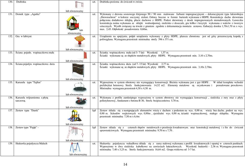 Osłony boczne w formie barierek wykonane z HDPE. Konstrukcja dachu drewniana połączona dodatkowo sklejką, płacie dachowe z HDPE. Podest drewniany z desek impregnowanych niemalowanych.