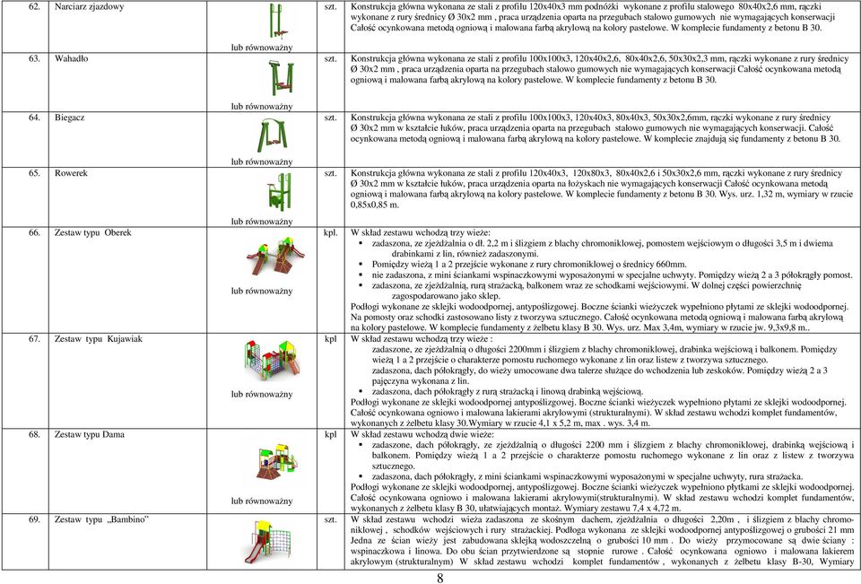 Wahadło Konstrukcja główna wykonana ze stali z profilu 100x100x3, 120x40x2,6, 80x40x2,6, 50x30x2,3 mm, rączki wykonane z rury średnicy Ø 30x2 mm, praca urządzenia oparta na przegubach stalowo