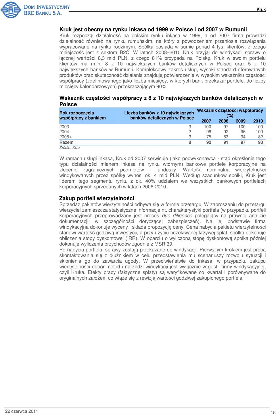 W latach 28 21 przyjął do windykacji sprawy o łącznej wartości 8,3 mld PLN, z czego 81% przypada na Polskę. w swoim portfelu klientów ma m.in. 8 z 1 największych banków detalicznych w Polsce oraz 5 z 1 największych banków w Rumunii.