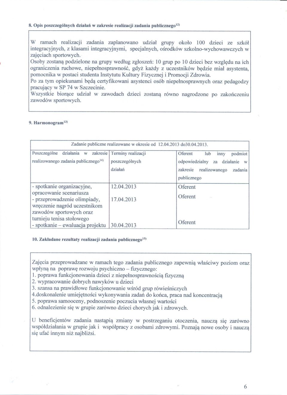 Osoby zostana podzielone na grupy wedlug zgloszen: 10 grup po 10 dzieci bez wzgledu na ich ograniczenia ruchowe, niepelnosprawnosc, gdyz kazdy z uczestników bedzie mial asystenta, pomocnika w postaci