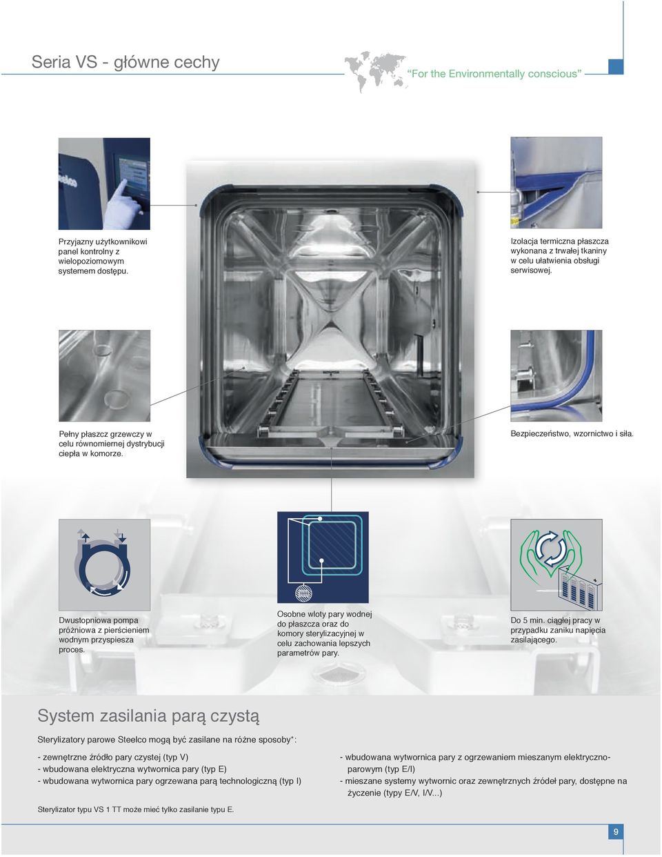 Dwustopniowa pompa próżniowa z pierścieniem wodnym przyspiesza proces. Osobne wloty pary wodnej do płaszcza oraz do komory sterylizacyjnej w celu zachowania lepszych parametrów pary. Do 5 min.