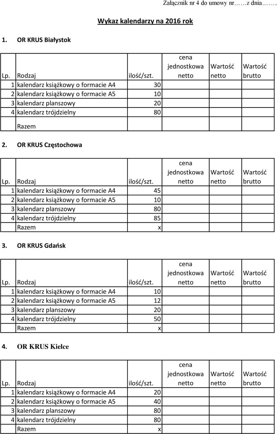 OR KRUS Częstochowa 1 kalendarz książkowy o formacie A4 45 2 kalendarz książkowy o formacie A5 10 3 kalendarz planszowy 80 4 kalendarz trójdzielny 85 3.