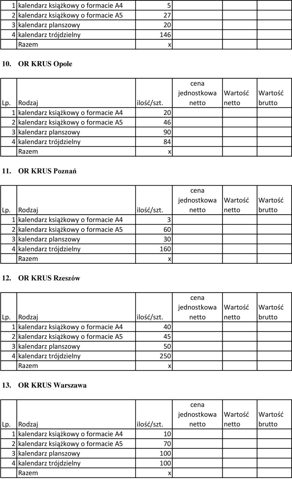 OR KRUS Poznań 1 kalendarz książkowy o formacie A4 3 2 kalendarz książkowy o formacie A5 60 3 kalendarz planszowy 30 4 kalendarz trójdzielny 160 12.