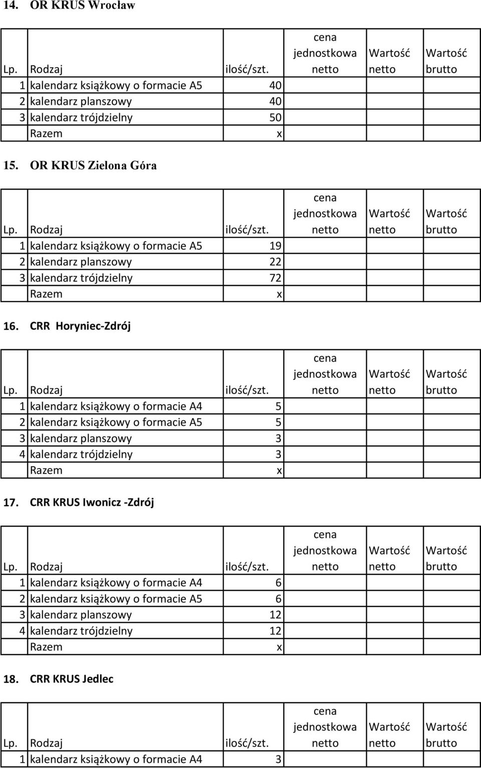 CRR Horyniec-Zdrój 1 kalendarz książkowy o formacie A4 5 2 kalendarz książkowy o formacie A5 5 3 kalendarz planszowy 3 4 kalendarz trójdzielny 3 17.