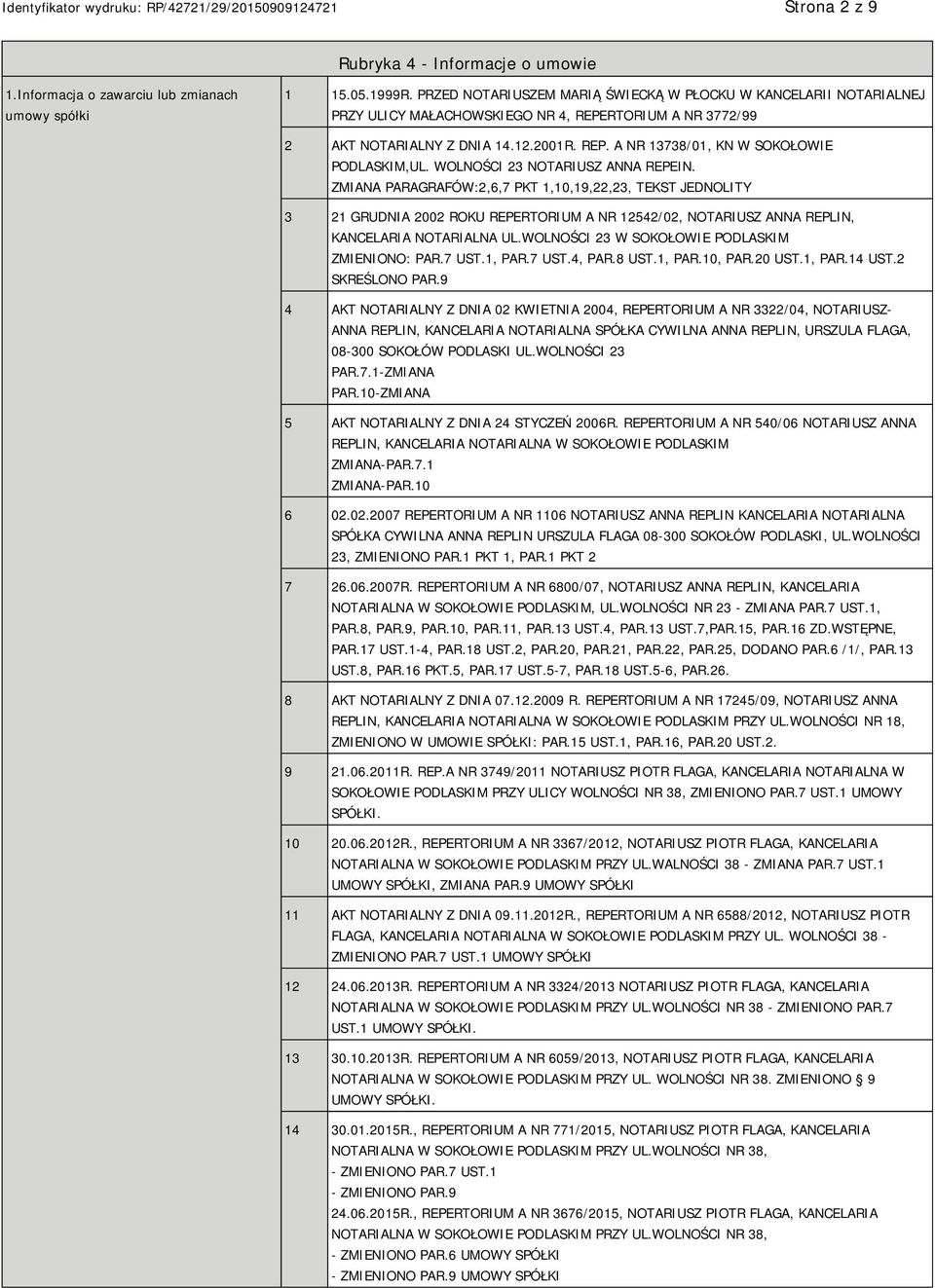 WOLNOŚCI 23 NOTARIUSZ ANNA REPEIN. ZMIANA PARAGRAFÓW:2,6,7 PKT 1,10,19,22,23, TEKST JEDNOLITY 3 21 GRUDNIA 2002 ROKU REPERTORIUM A NR 12542/02, NOTARIUSZ ANNA REPLIN, KANCELARIA NOTARIALNA UL.