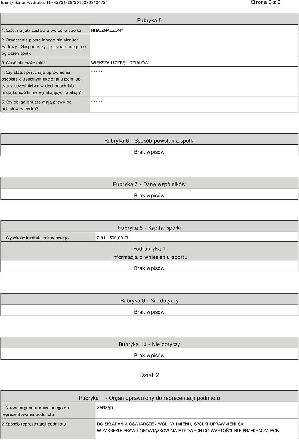 Czy obligatoriusze mają prawo do udziałów w zysku? NIEOZNACZONY ------ WIĘKSZĄ LICZBĘ UDZIAŁÓW ***** ***** Rubryka 6 - Sposób powstania spółki Rubryka 7 - Dane wspólników Rubryka 8 - Kapitał spółki 1.