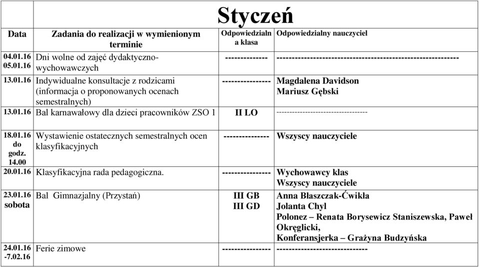 16 Zadania do realizacji w wymienionym terminie Dni wolne od zajęć dydaktycznowychowawczych 13.01.