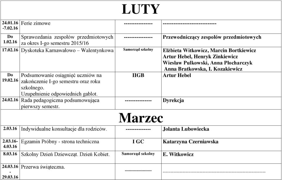 Kozakiewicz Do 19.02.16 Podsumowanie osiągnięć uczniów na zakończenie I-go semestru oraz roku szkolnego. Uzupełnienie odpowiednich gablot. 24.02.16 Rada pedagogiczna podsumowująca pierwszy semestr.