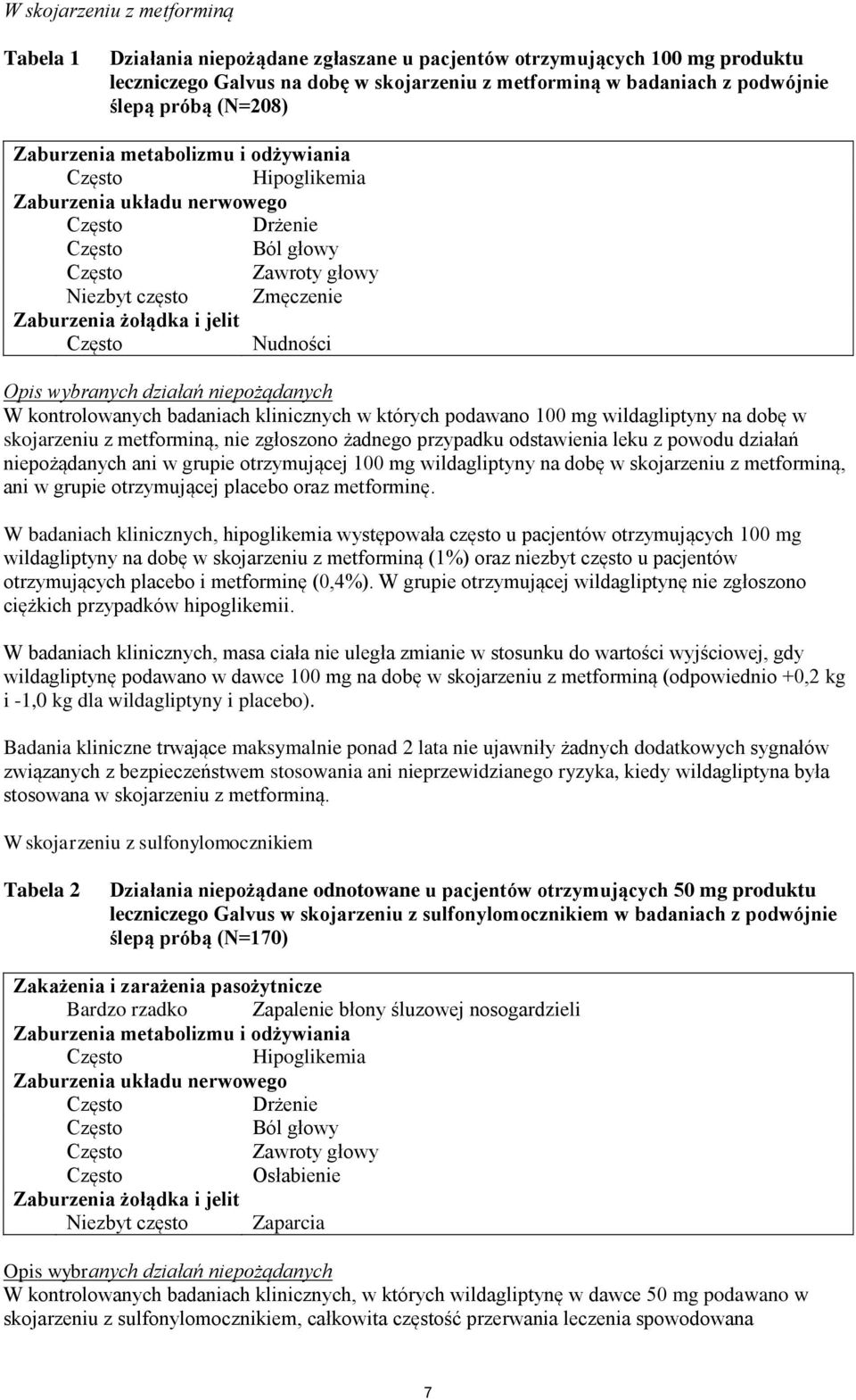 działań niepożądanych W kontrolowanych badaniach klinicznych w których podawano 100 mg wildagliptyny na dobę w skojarzeniu z metforminą, nie zgłoszono żadnego przypadku odstawienia leku z powodu