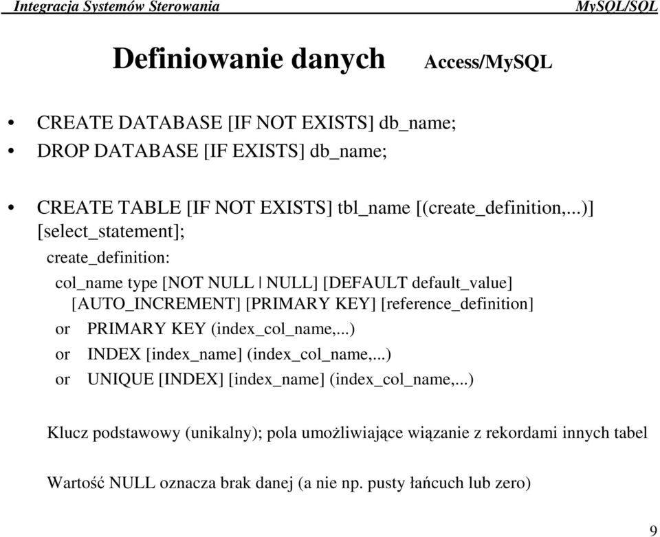 ..)] [select_statement]; create_definition: col_name type [NOT NULL NULL] [DEFAULT default_value] [AUTO_INCREMENT] [PRIMARY KEY]