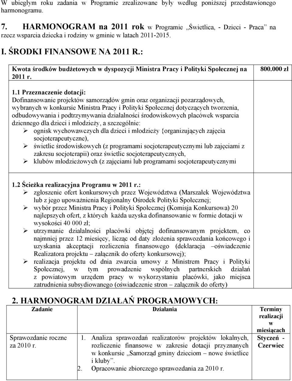 : Kwota środków budżetowych w dyspozycji Ministra Pracy i Polityki Społecznej na 2011 r. 800.000 zł 1.