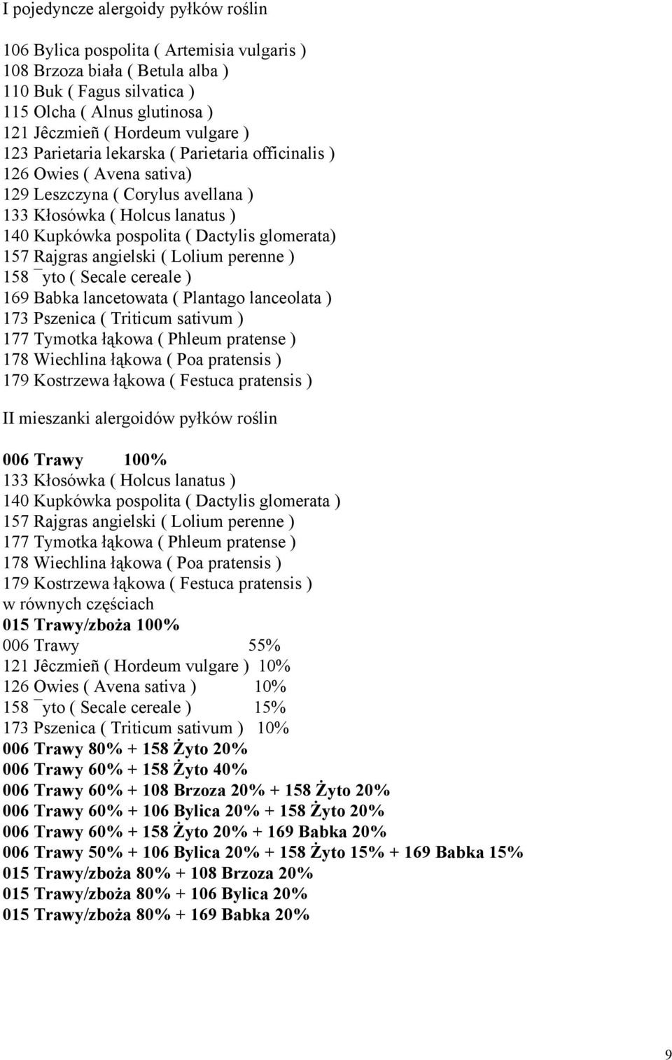 157 Rajgras angielski ( Lolium perenne ) 158 yto ( Secale cereale ) 169 Babka lancetowata ( Plantago lanceolata ) 173 Pszenica ( Triticum sativum ) 177 Tymotka łąkowa ( Phleum pratense ) 178