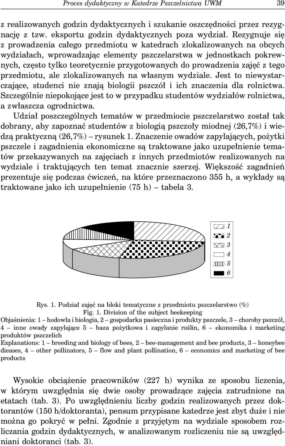 do prowadzenia zajęć z tego przedmiotu, ale zlokalizowanych na własnym wydziale. Jest to niewystarczające, studenci nie znają biologii pszczół i ich znaczenia dla rolnictwa.