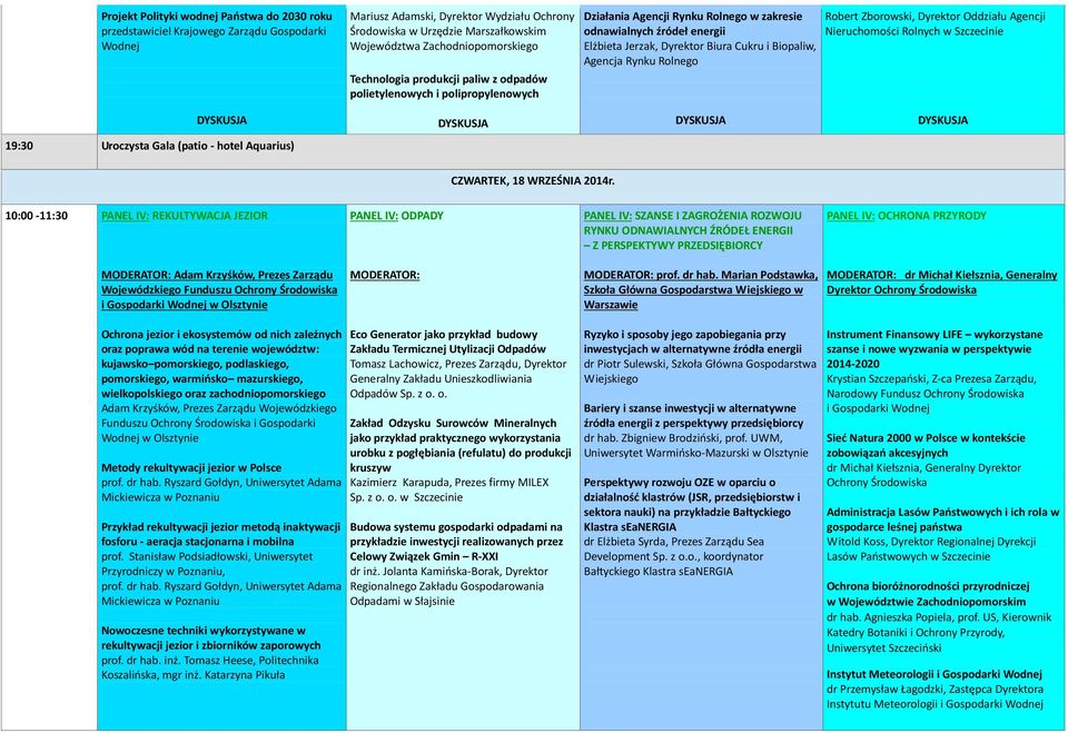 Cukru i Biopaliw, Agencja Rynku Rolnego Robert Zborowski, Dyrektor Oddziału Agencji Nieruchomości Rolnych w Szczecinie 19:30 Uroczysta Gala (patio - hotel Aquarius) CZWARTEK, 18 WRZEŚNIA 2014r.