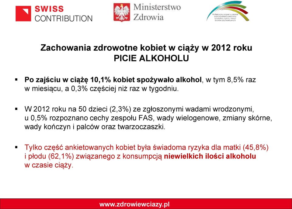 W 2012 roku na 50 dzieci (2,3%) ze zgłoszonymi wadami wrodzonymi, u 0,5% rozpoznano cechy zespołu FAS, wady wielogenowe, zmiany