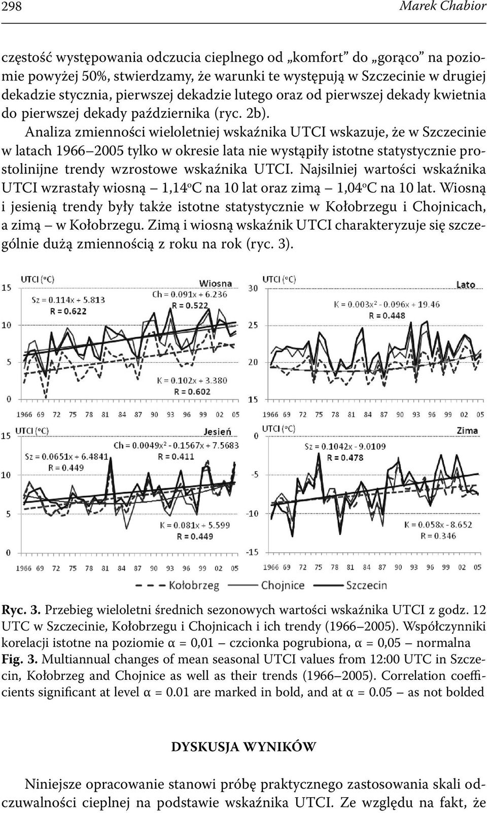 Analiza zmienności wieloletniej wskaźnika UTCI wskazuje, że w Szczecinie w latach 1966 2005 tylko w okresie lata nie wystąpiły istotne statystycznie prostolinijne trendy wzrostowe wskaźnika UTCI.