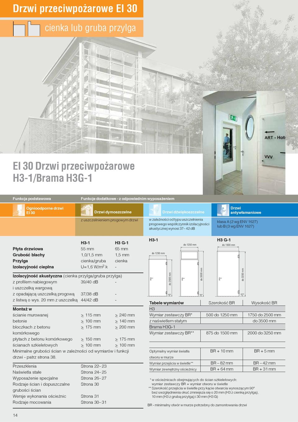 wg ENV 1627) lub B (3 wg ENV 1627) H3-1 H3 G-1 Płyta drzwiowa 55 mm 65 mm Grubość blachy 1,0/1,5 mm 1,5 mm Przylga cienka/gruba cienka Izolacyjność cieplna U=1,6 W/m 2 k - Izolacyjność akustyczna