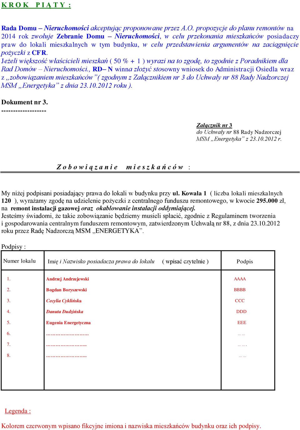 propozycje do planu remontów na 2014 rok zwołuje Zebranie Domu Nieruchomości, w celu przekonania mieszkańców posiadaczy praw do lokali mieszkalnych w tym budynku, w celu przedstawienia argumentów na