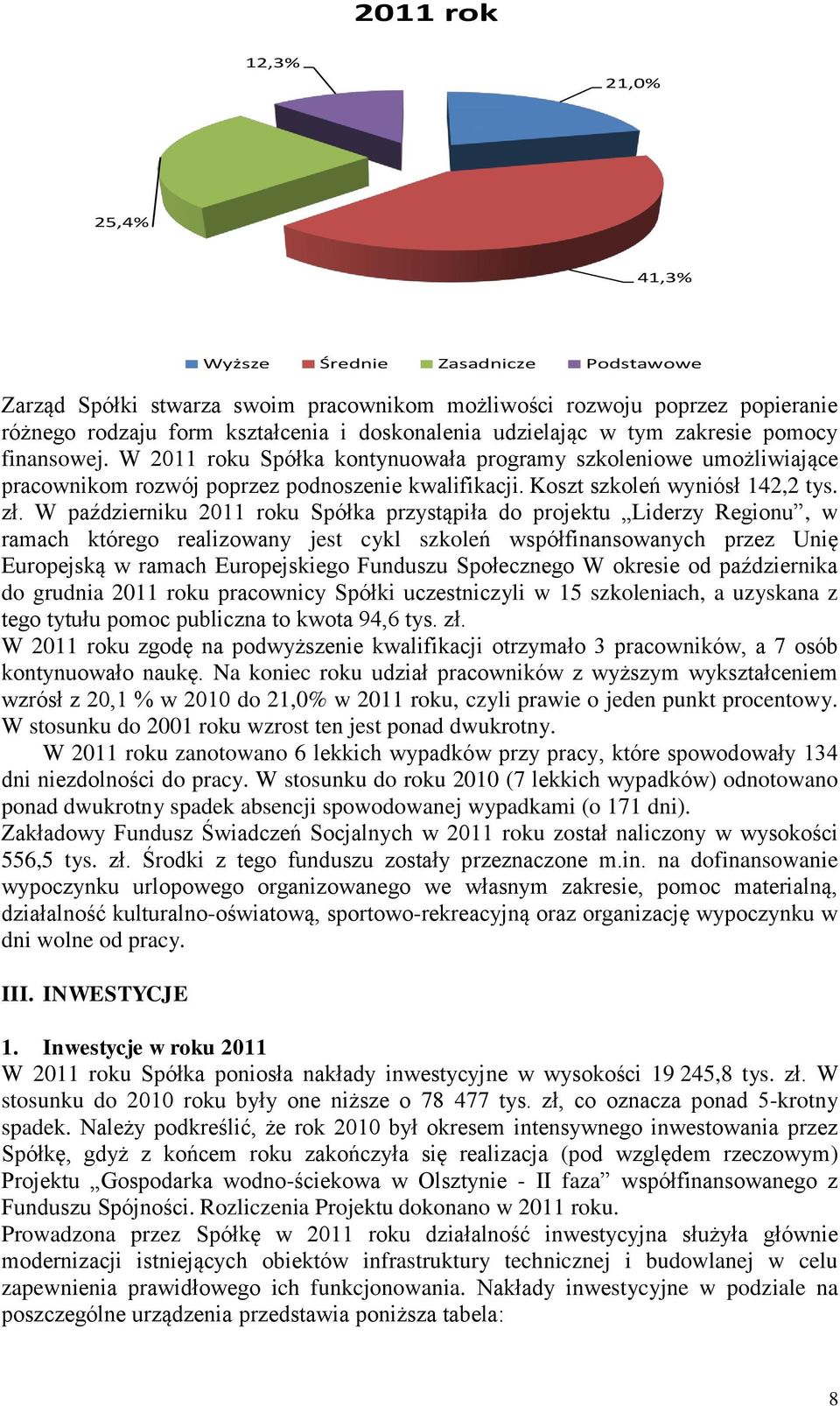 zł. W październiku 2011 roku Spółka przystąpiła do projektu Liderzy Regionu, w ramach którego realizowany jest cykl szkoleń współfinansowanych przez Unię Europejską w ramach Europejskiego Funduszu