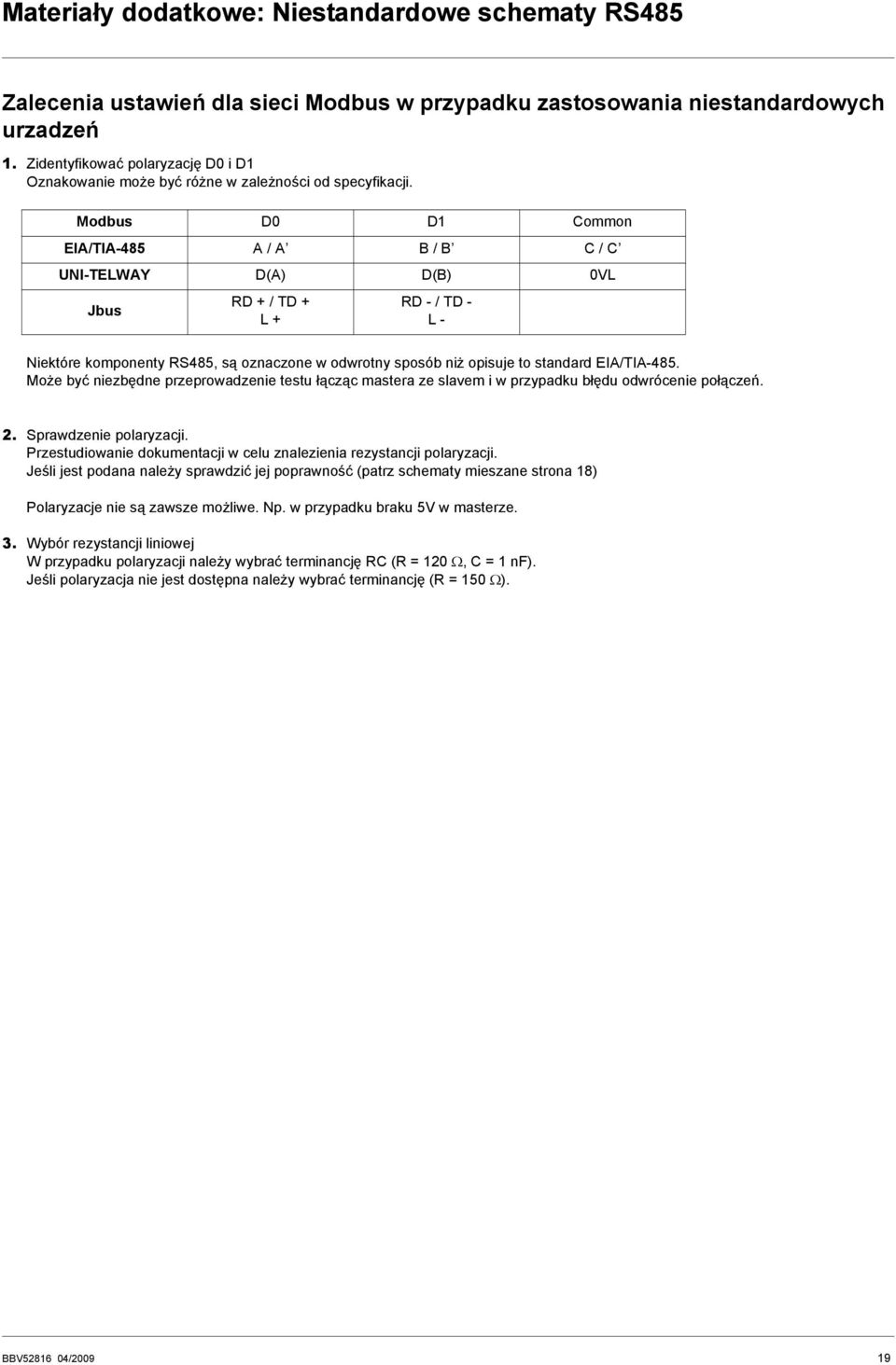 Modbus D0 D1 Common EIA/IA-485 A / A B / B C / C UNI-ELWAY D(A) D(B) 0VL Jbus D + / D + L + D - / D - L - Niektóre komponenty S485, są oznaczone w odwrotny sposób niż opisuje to standard EIA/IA-485.