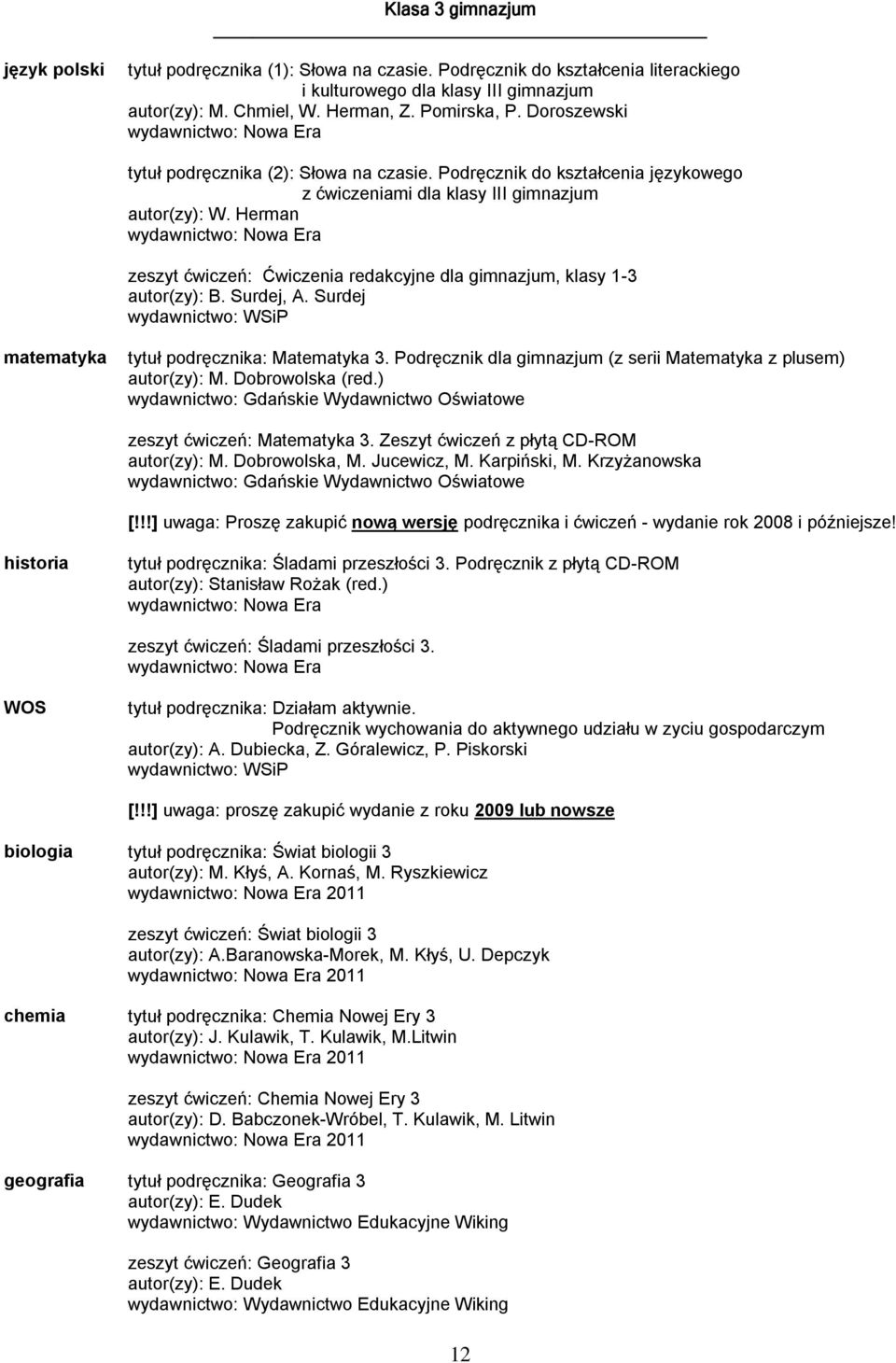 Herman zeszyt ćwiczeń: Ćwiczenia redakcyjne dla gimnazjum, klasy 1-3 autor(zy): B. Surdej, A. Surdej matematyka tytuł podręcznika: Matematyka 3.