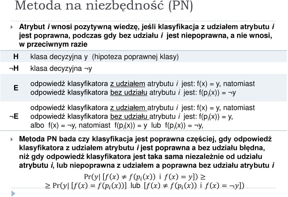 (x)) = y odpowiedź klasyfikatora z udziałem atrybutu i jest: f(x) = y, natomiast odpowiedź klasyfikatora bez udziału atrybutu i jest: f(p i (x)) = y, albo f(x) = y, natomiast f(p i (x)) = y lub f(p i