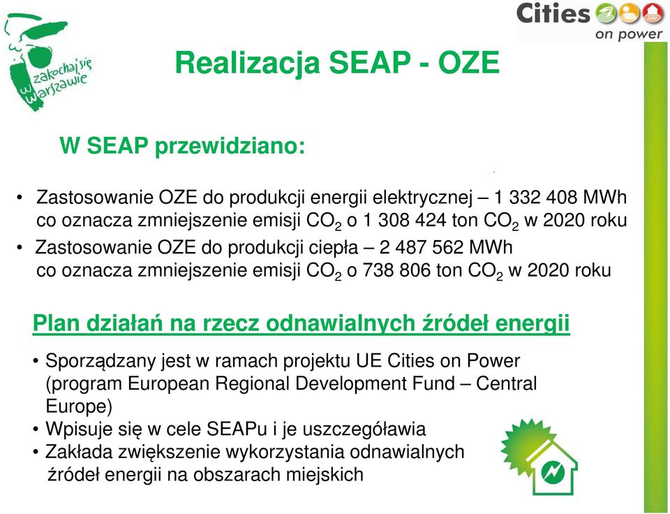 roku Plan działań na rzecz odnawialnych źródeł energii Sporządzany jest w ramach projektu UE Cities on Power (program European Regional