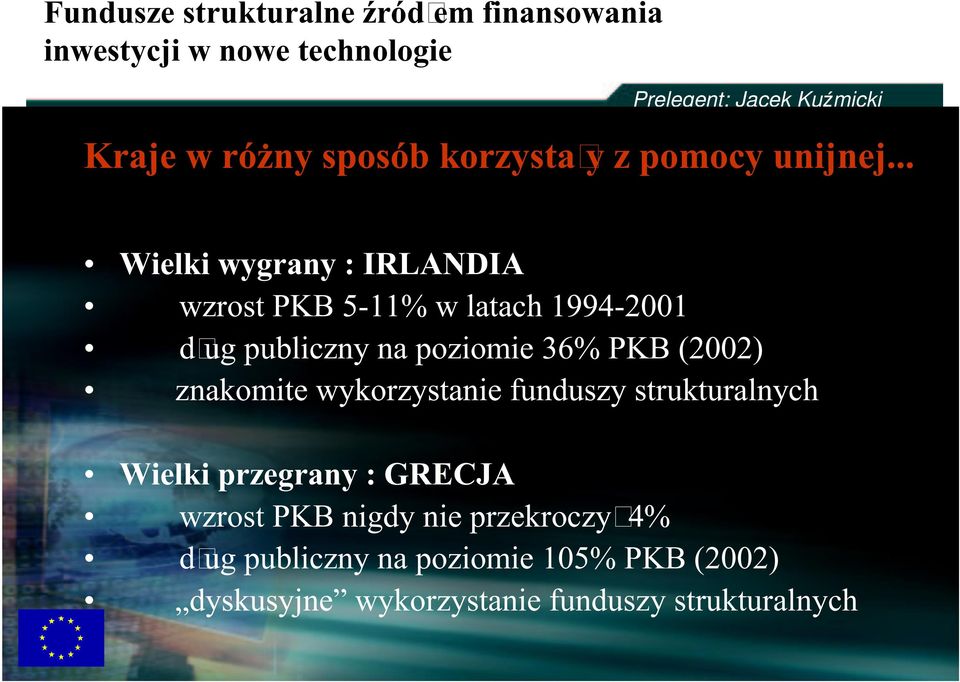 poziomie 36% PKB (2002) znakomite wykorzystanie funduszy strukturalnych Wielki przegrany