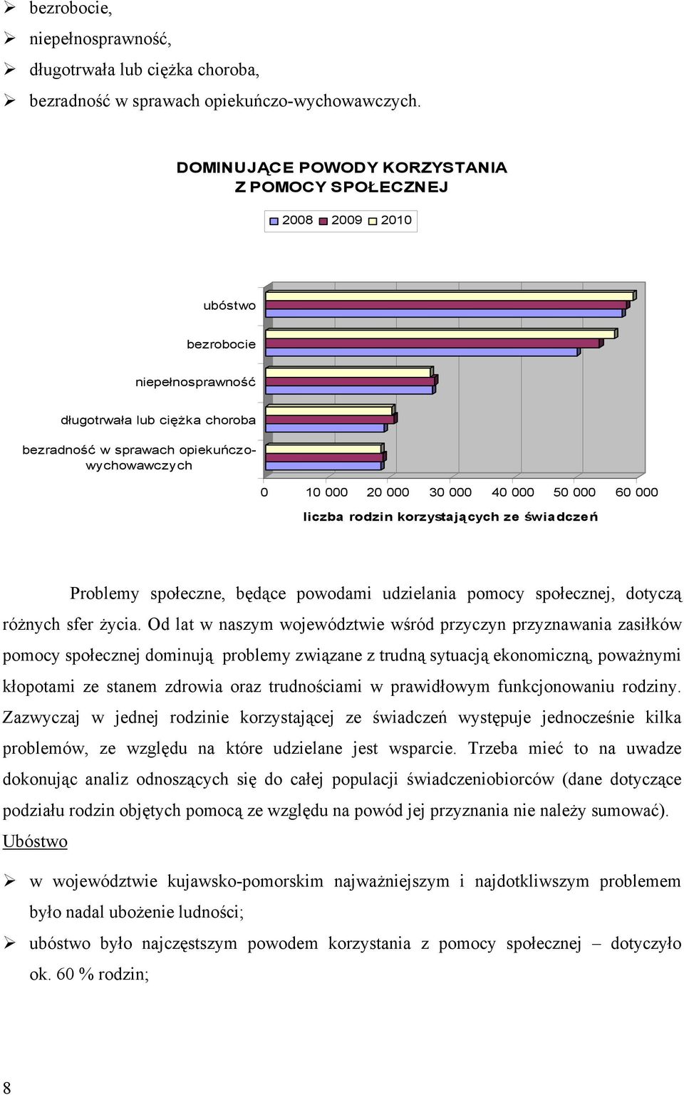 000 40 000 50 000 60 000 liczba rodzin korzystających ze świadczeń Problemy społeczne, będące powodami udzielania pomocy społecznej, dotyczą różnych sfer życia.