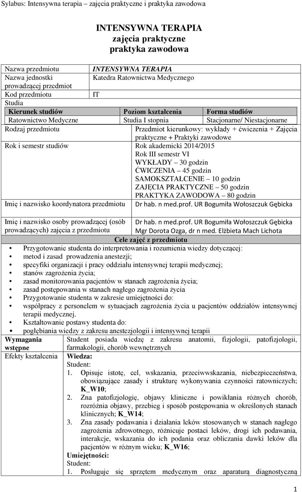 zawodowe Rok i semestr studiów Rok akademicki 014/015 Rok III semestr VI WYKŁADY 30 godzin ĆWICZENIA 45 godzin SAMOKSZTAŁCENIE 10 godzin ZAJĘCIA PRAKTYCZNE 50 godzin PRAKTYKA ZAWODOWA 80 godzin Imię